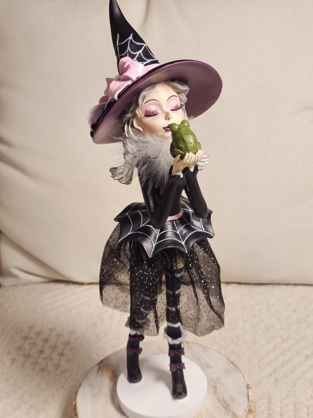 Whimsical Witch Figurine with Green Frog - Pink & Black Halloween 18"